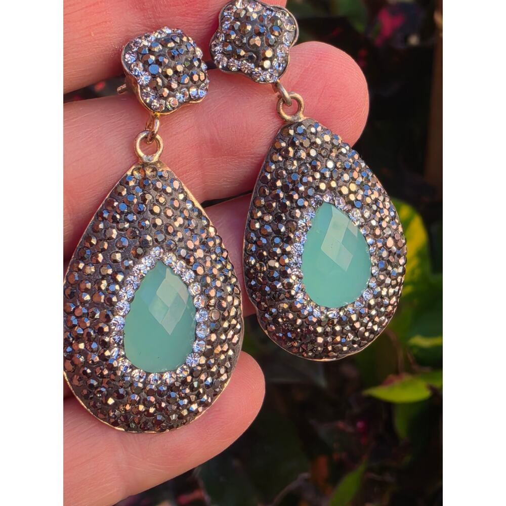 Vintage Druzy Marcasite Green Agate Sterling Silver Teardrop Dangle Earrings